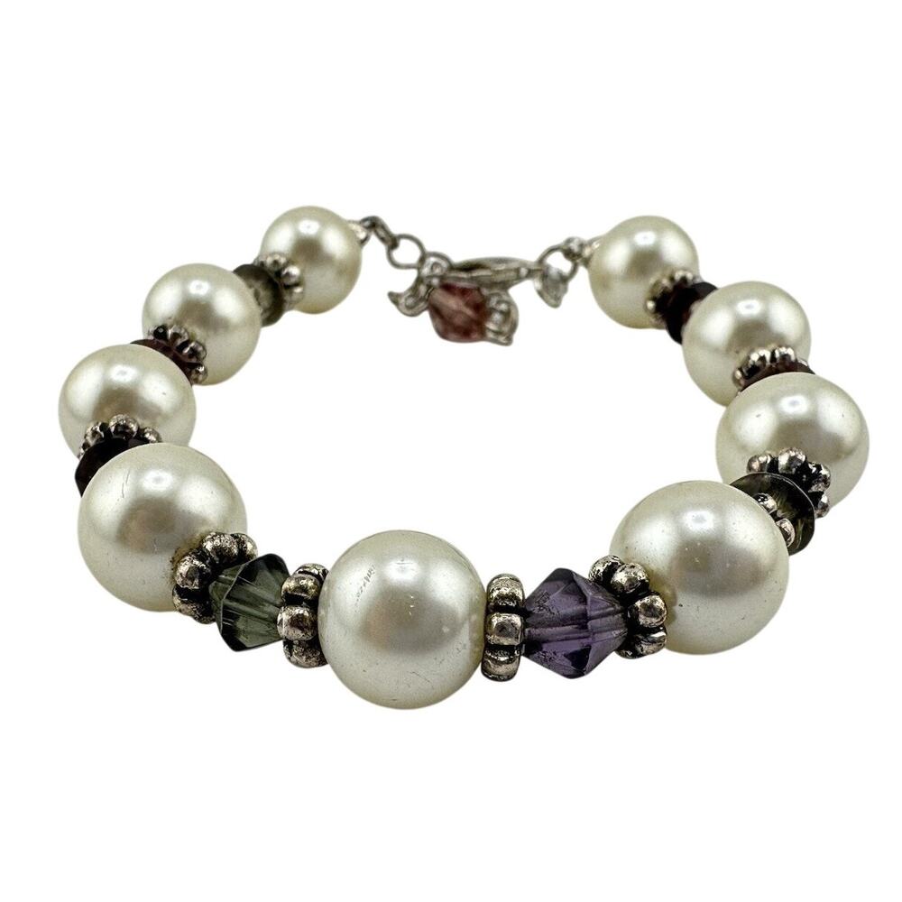 Premier Designs Multicolor Crystal Faux Pearl Bead Silver Tone 7.5” Bracelet
